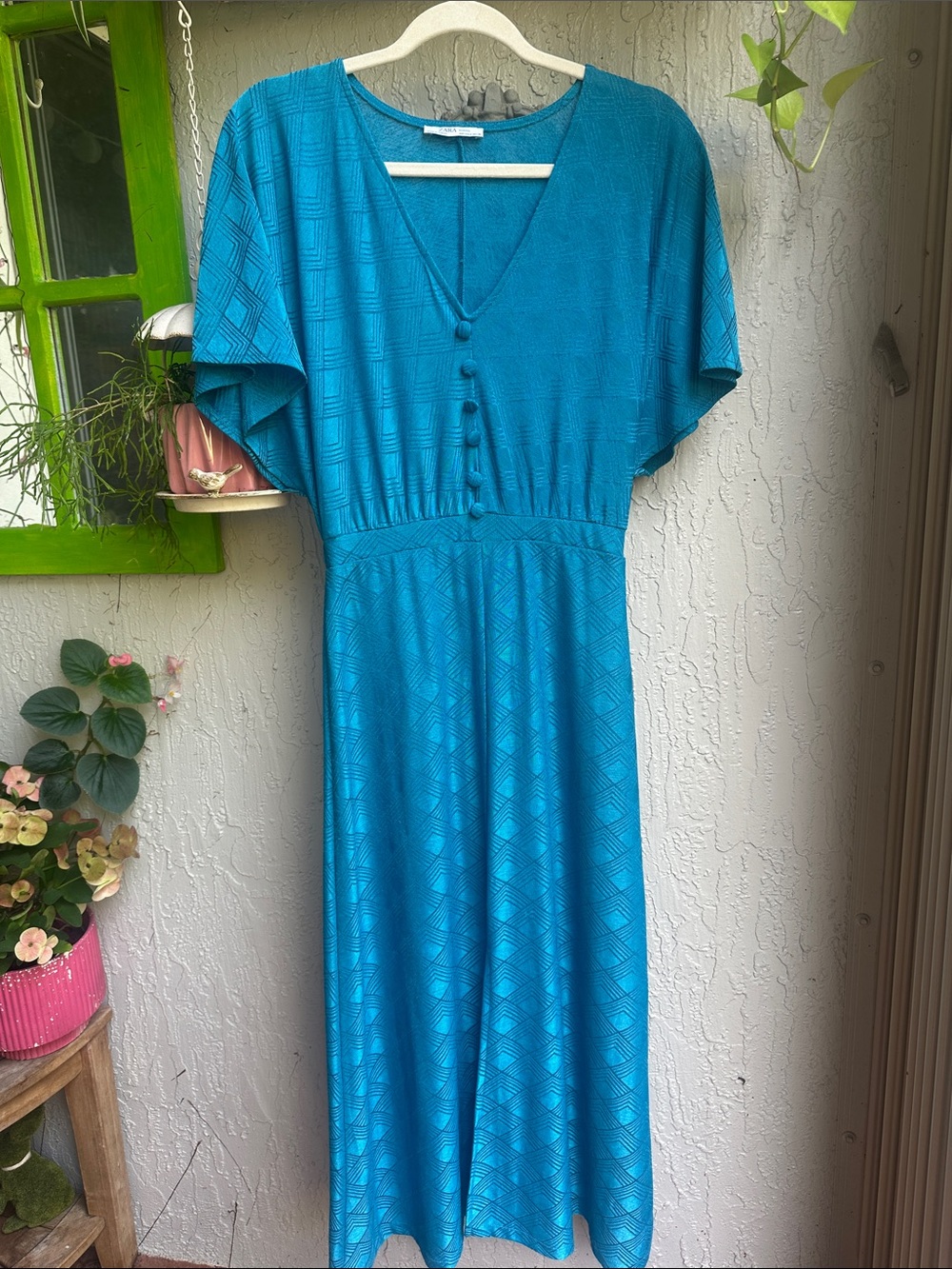 Zara teal midi dress with V-neck and button detail